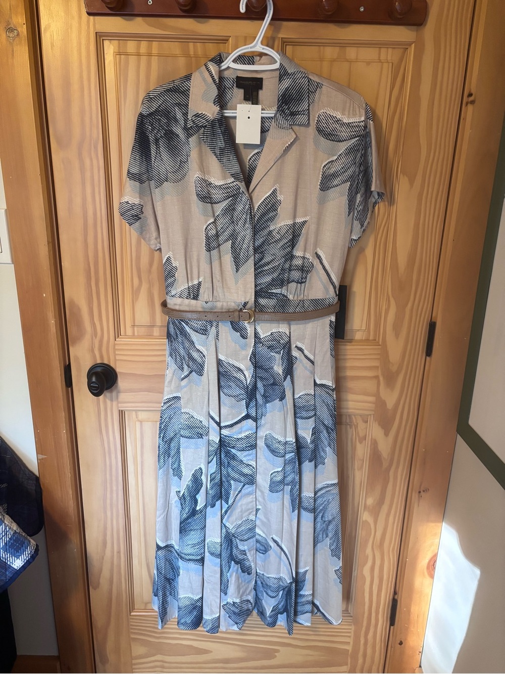 Donna Karan Beige Midi Dress with Blue Floral Print and Belt